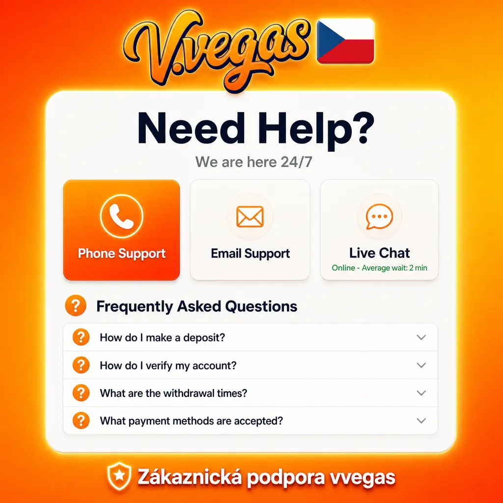 Zákaznická podpora vvegas v češtině 24/7 – live chat, e-mail, telefon a sekce časté dotazy pro hráče